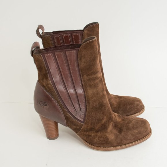 UGG Brown Suede Heeled Boots with Sherpa Lining - Picture 5 of 8